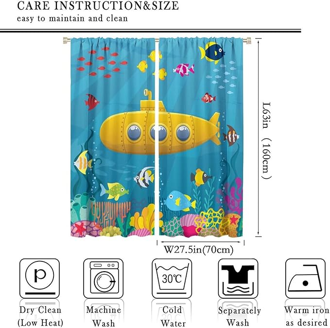 Boy Window Curtains Submarine Window Drapes Yacht Window Treatments Underwater World Oasis Thermal Drapes for Kids Girls Toddler Teens Room Dorm Decor Set 2 Panels,55x63 Inches, Style-1