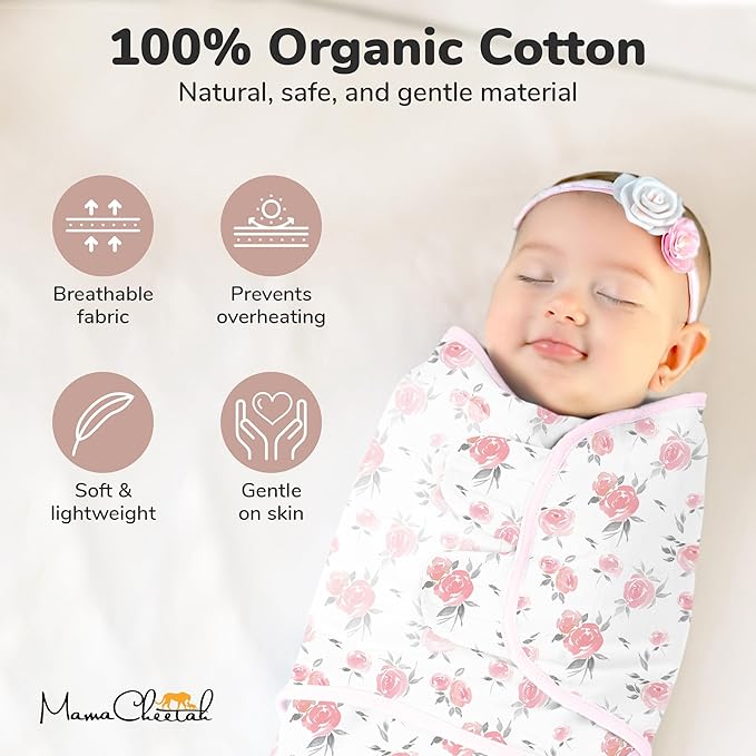Mama Cheetah Preemie Swaddle Sack, Organic Swaddling Sleep Sacks for Preemies, Swaddle Blanket Wrap, Easy Swaddles for Premature Baby Girl 4-7 lbs, Newborn Essentials, 3-Pack, Cotton, Grey/Pink