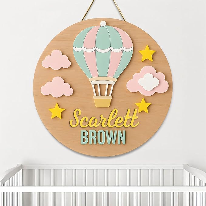 Hot Air Balloon Door Sign for Girls Room Decor – Custom Wooden Nursery Plaque with Stars and Clouds, Personalized Room Wall Decor with Baby Name Engraving