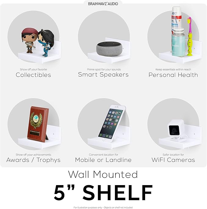 BRAINWAVZ 5” Small Floating Shelf, Adhesive & Screw in, for Bluetooth Speakers, Cameras, Plants, Toys, Books & More, Easy to Install Shelves (Shelf SF2105, White)