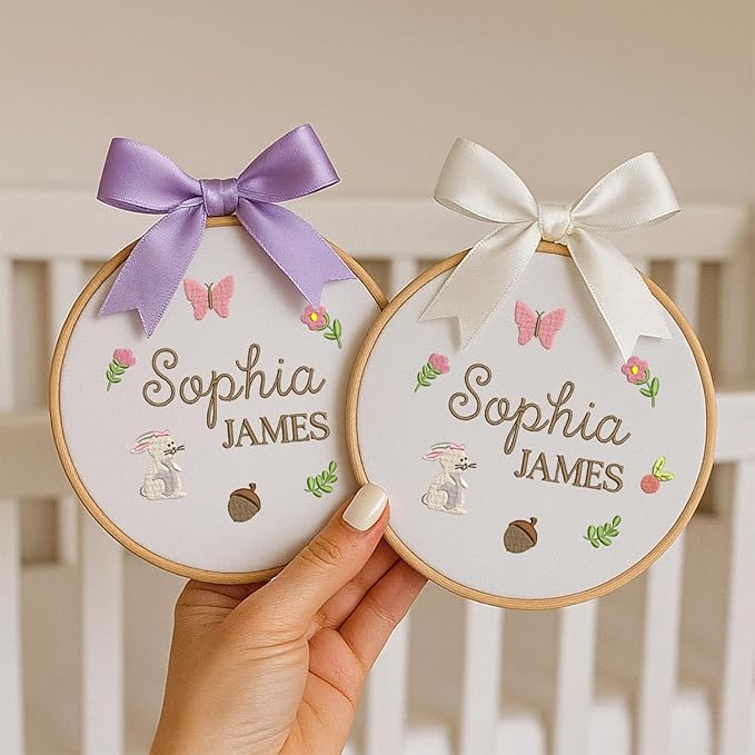 Personalized Baby Name Sign Welcome Baby Announcement Sign Newborn Baby Embroidery Hoop with Bows Baby Hospital Name Sign Custom Infant Baby Name Baby Shower Gifts (01)