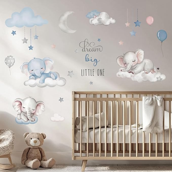 Dream Big Little One Elephant Wall Stickers,Dreamy Moon Stars Balloons Cloud Decor for Kids Room, Nursery & Play,Living Room,Bedroom