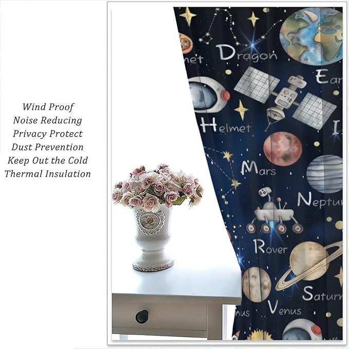 Cartoon Kids Alphabet Astronaut Curtain，Retro Cute Cosmic Galaxy Letter Printed Rod Pocket Blackout Window Treatments for Boys Girls Bedroom Living Room School 55" W X 63" L