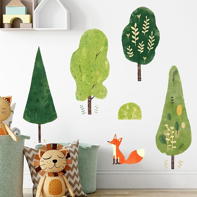 Trees and Fox Wall Decals Removable Cartoon Forest Vinyl Stickers for Nursery Living Room and Kitchen Botanical Decor Peel and Stick Wall Art
