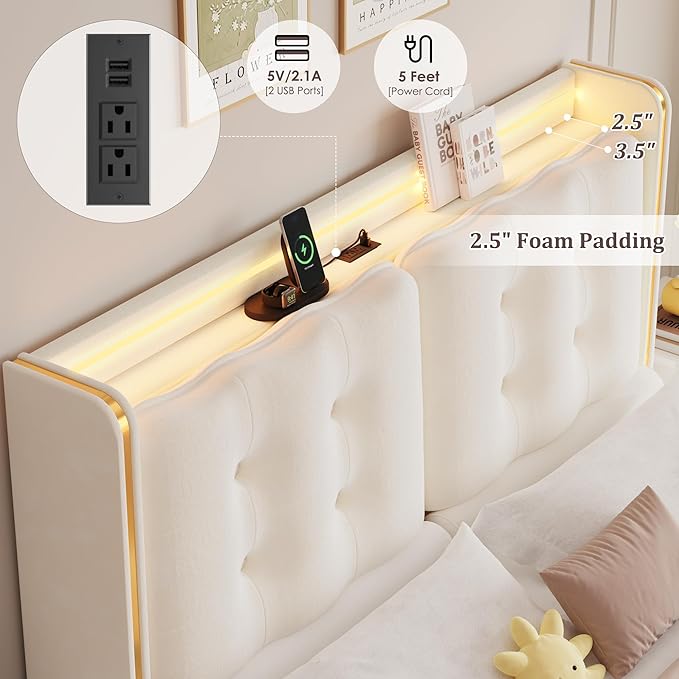 HITHOS Upholstered Full Led Bed Frame with Charging Station and Storage Drawers, Velvet Princess Platform Bed Frames with Crystal-Button Tufted Headboard for Girls and Kids, No Box Spring Need, Beige