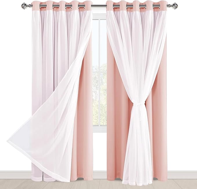 Hiasan Blackout Curtains with Sheer Overlay, Thermal Insulated Mix & Match Double Layer Room Darkening Window Curtains for Bedroom,Living Room,Nursery 2 Panels with Tiebacks (60W X 84L,Blush Pink)