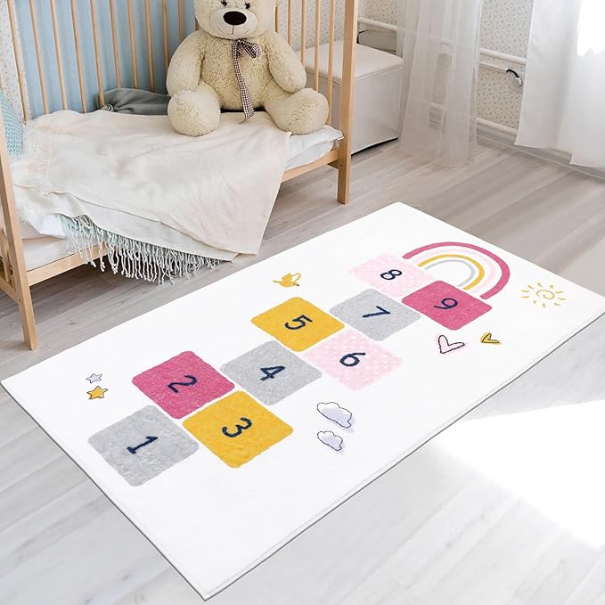 HiiARug Hopscotch Kids Rug 3'x5' Fun and Educational Playroom Rug Soft Durable Rainbow Floor Carpet Kid’s Play Mat for Bedroom, Playroom, Nursery, Gift for Girls & Boys(Colorful)