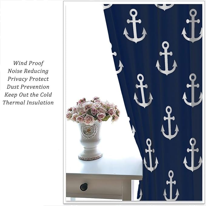 Nautical Costal Curtains,MarineThemed Oceanic Anchor Pattern Blackout Print Home Bedroom Living Room Window Treatments 2 Panel Set 72x63 Inch