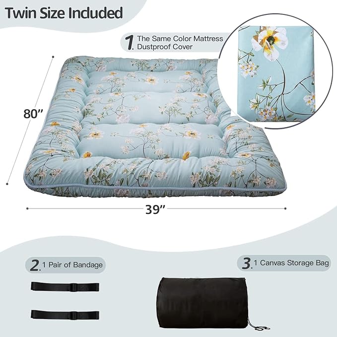 MAXYOYO Rustic Floral Korean Floor Mattress, Foldable Bed Roll Up Camping Mattress, Twin Size