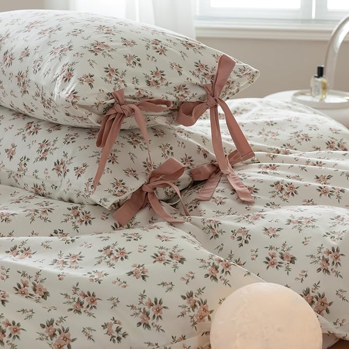 Boho Floral Duvet Cover Full Girl Soft Cotton Pink Floral Bedding Set for Teen Dorm with 2 Bow Tie Pillowcases,Aesthetic Chic Comforter Cover Full with Zipper Closure,Room Decor Bedding