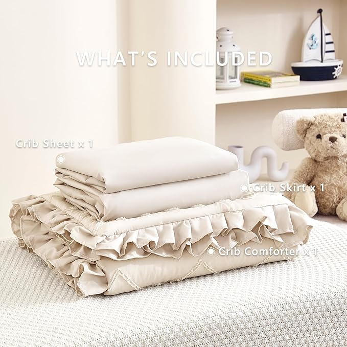 3-Piece Tufted Ruffle Crib Bedding Set for Girls - Ultra Soft Baby Bedding Set Includes Boho Crib Comforter, Sheet & Skirt (Beige)