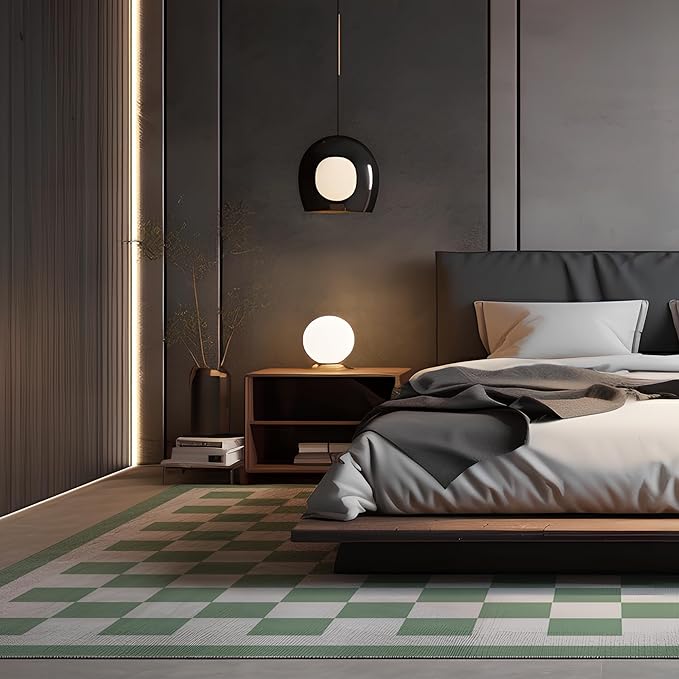 Washable 9x12 Checkered Area Rug for Living Room, Sage Green Checkerboard Modern Boho Large Rugs, Ultra Thin Low Pile Lightweight Indoor Carpet with Non-Slip Backing for Bedroom Kids Nursery Playroom