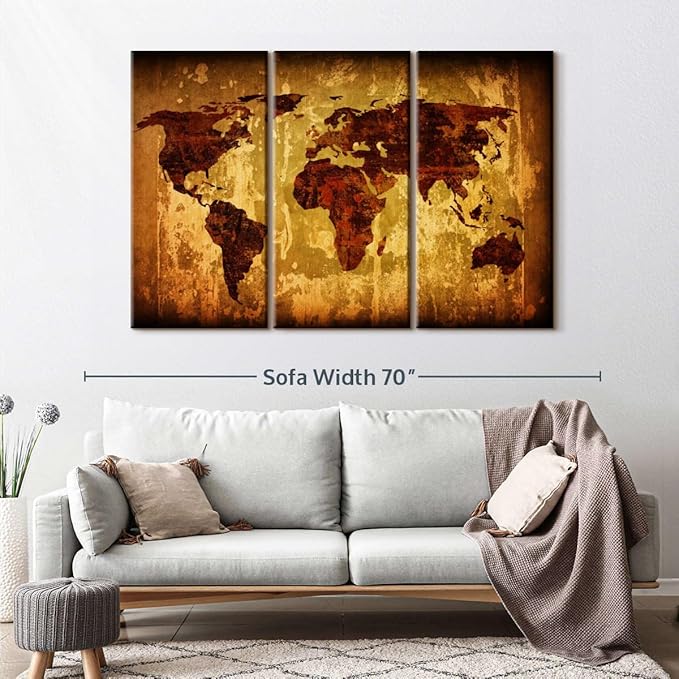 ElephantStock Vintage World Map Wall Art Multi Piece Canvas - 3 Piece Canvas World Map Wall Decor - Wall Decor - Ready-to-Hang Print - Vintage Wall Art - 57" X 36"