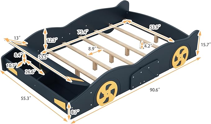 Full Size Race Car Bed for Kids, Car-Shaped Bed Frame with Wheels and Storage Footboard for Boys, Wood Slats Support,No Box Spring Needed, Dark Blue+Yellow