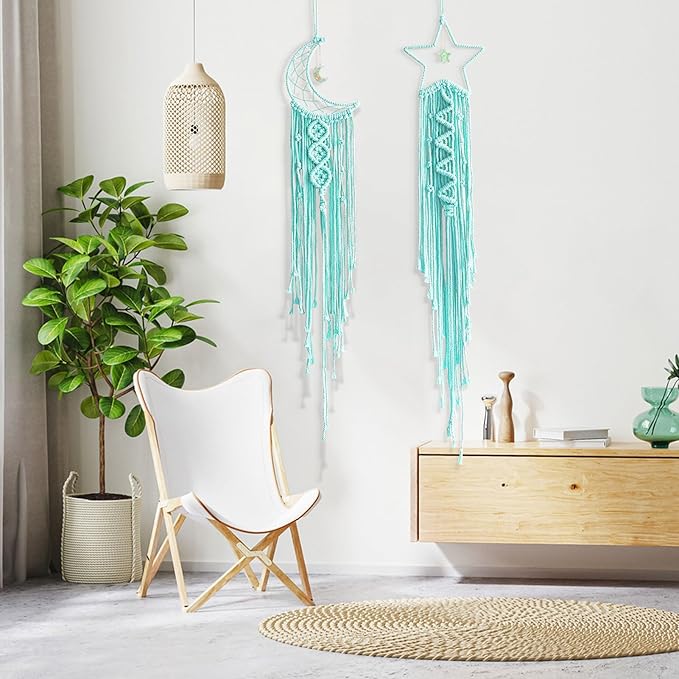 Moon Star Dream Catcher Decor,2pcs Boho Home Moon Star Dreamcatcher,Macrame Wall Hanging Boho Home Decor for Kids Baby Bedroom Decoration for Women Girls Friends Craft Christmas Gifts Green