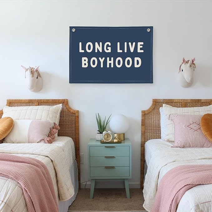 Long Live Boyhood Banner, Canvas Wall Hanging Banner Flag for Nursery Playroom, Toddler Boys Kids Room Decor (Navy Blue)