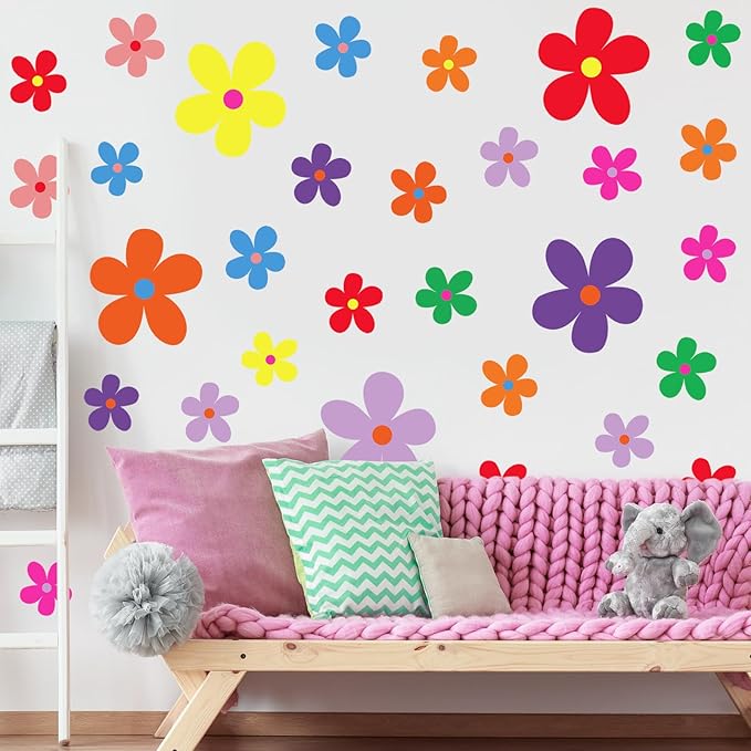 TaoBary 12 Sheets Daisy Wall Decal Flower Wall Sticker Cute Daisy Sticker Pink White Flower Decal Peel and Stick Floral Wallpaper for Nursery Bedroom Home Decor(Vivid Color,Exquisite Style)