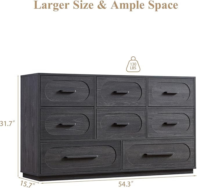 Grey 8 Drawers Dresser for Bedroom, 54" Wide Dressers & Chests of Drawers w/Solid Wood Handle, Mid Century Dresser TV Stand w/Natural Texture for Bedroom, Living Room