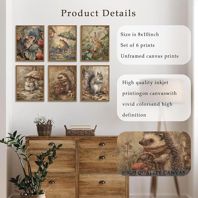 6 Pcs Woodland Animal Nursery Canvas Wall Art Vintage Forest Animal Nursery Paintings Posters Rustic Cottagecore Bunny Pictures for Gallery Kids Room Girls Boys Home Decoration (8x10inch Unframed)