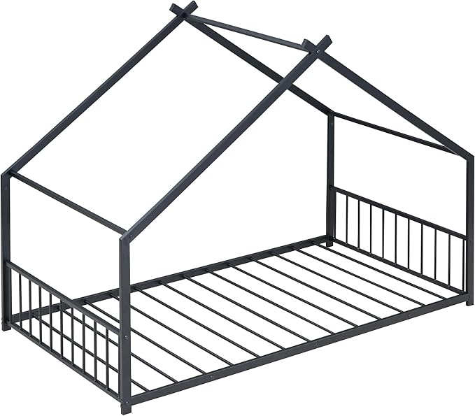 Twin Size House Shaped Montessori Platform Beds, Wood Floor Bed Frame with Roof and Fence Deisgn, Kids Double Toddler Bed for Children Boys Girls, Easy Assemble, No Box Spring Needed, Black