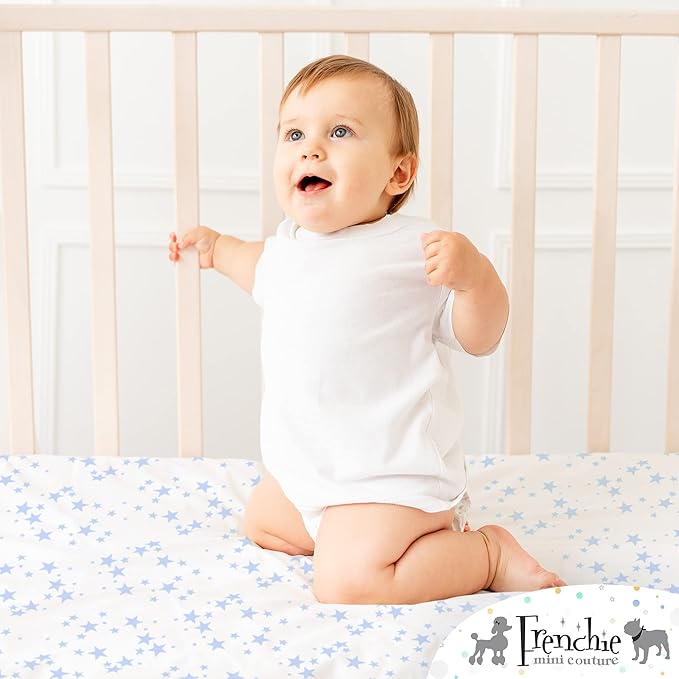 Frenchie Mini Couture Fitted Pack n Play Sheets,100% Cotton Standard Mattress, Blue Stars, 27 x 39in, 2-Pack
