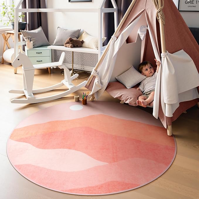 Pink Round Rugs, 4Ft Soft Nursery Rug Non Slip Washable Circle Rug, Modern Mountain Playroom Mat Sunrise Sunset Round Carpet for Kids Room Entryway Bedroom Living Room Dorm