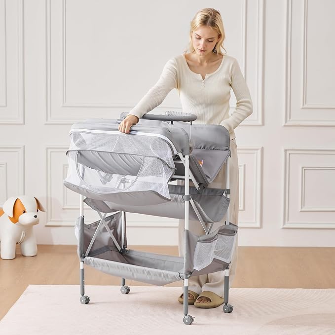 VEVOR Baby Changing Table, Foldable Diaper Change Station with 2 Fabric Drawers, Side Basket and Hanging Rod, Adjustable Height Changing Table with Lockable Wheels and 2 Star Toys, Light Gray