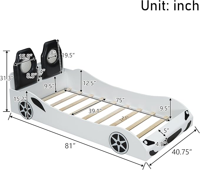 Harper & Bright Designs Wood Twin Size Race Car-Shaped Platform Bed with LED and Upholstered Backrest, White