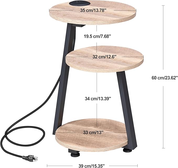 BEWISHOME Round End Table with Charging Station, Side Accent Table with 3-Tier Shelves, Small Couch Table for Living Room Greige KTZ51G