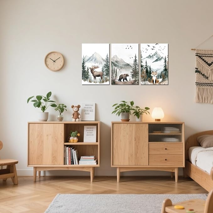SANGGUOBIN Woodland Animal Wall Art Set of 3 Deer Bear Fox Watercolor Prints Wildlife Forest Canvas Vintage Natural Adventure Landscape Poster for Nursery Bedroom Decor(Green-1,11x14inchx3)
