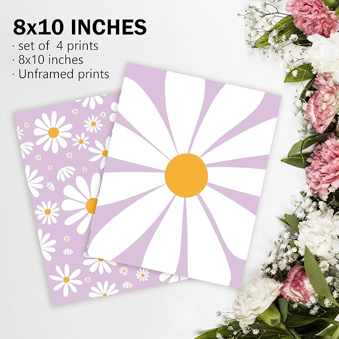 AEHIE Boho Purple Daisy Flower Wall Art Print, You Are My Sunshine Poster for Baby Girls Room Nursery, Bohemian Spring Aesthetic Floral Decor for Home, 4pcs