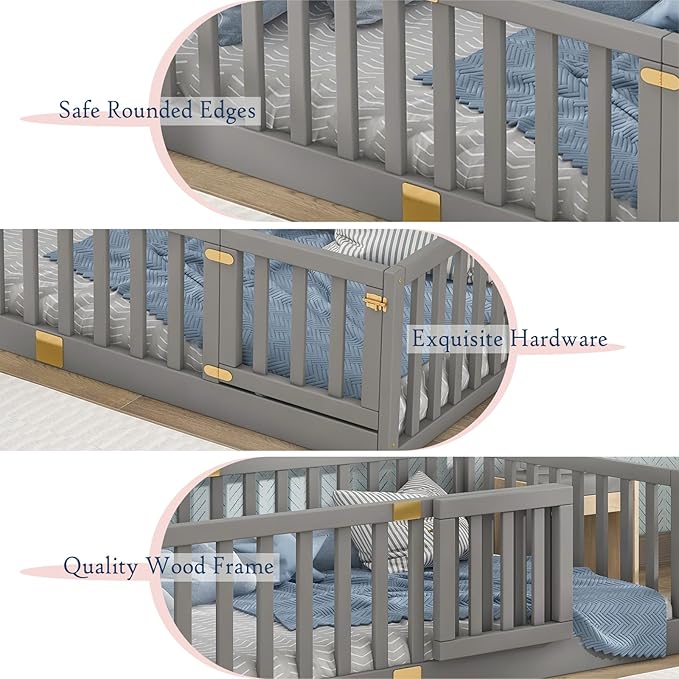 Tatub Twin Montessori Floor Bed with High Rails, Solid Wood Montessori Bed Frame for Kids, Door Can Install Left and Right, Twin-Grey