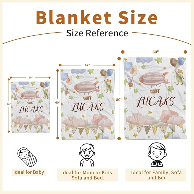 Personalized Baby Blanket for Girls, Custom Name Blanket for Newborn New Mom , Soft Flannel with Double Layer Dotted Backing, Gifts for Baby Shower Christmas Birthday, Hot Air Balloons(60"x80)