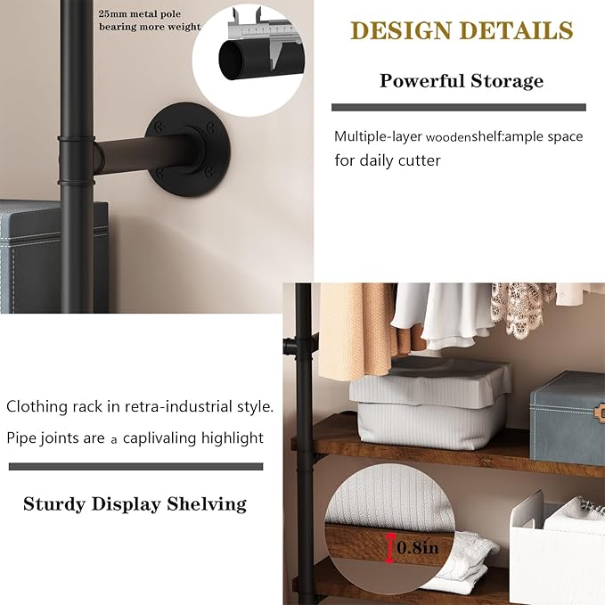 Industrial Pipe Clothes Rack,Wall Mounted Clothing Rack Wardrobe Multi-Purpose Storage Clothes Hanging Shelf-94.5''L Black