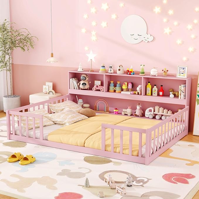 KOMFOTT Full Floor Bed with Bookcase & Shelves, Wood Bed Frame with Bedside Bookshelves & Guardrails, Versatile 2-in-1 Montessori Floor Bed for Kids (Full,Pink)