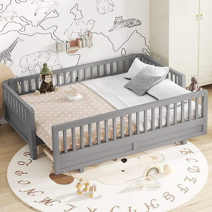 KEIKI Solid Wood Expandable Twin XL Size Floor Bed for Kids with Guardrails, Can Be Converted into a Queen Bed Platform, Montessori Low Profile Bedframe Daybed for Girls Boys, No Box Spring Needed