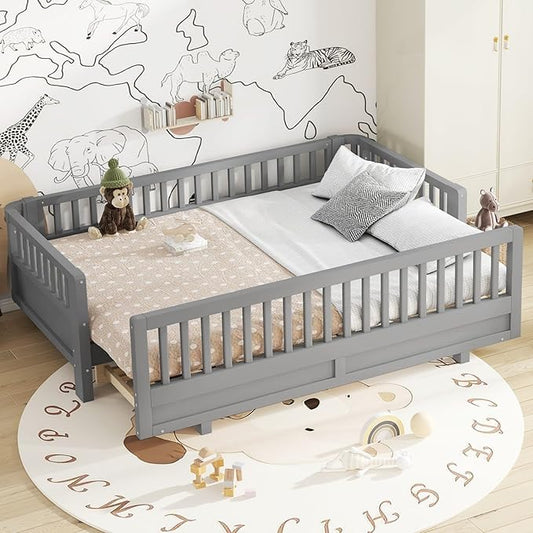 KEIKI Solid Wood Expandable Twin XL Size Floor Bed for Kids with Guardrails, Can Be Converted into a Queen Bed Platform, Montessori Low Profile Bedframe Daybed for Girls Boys, No Box Spring Needed
