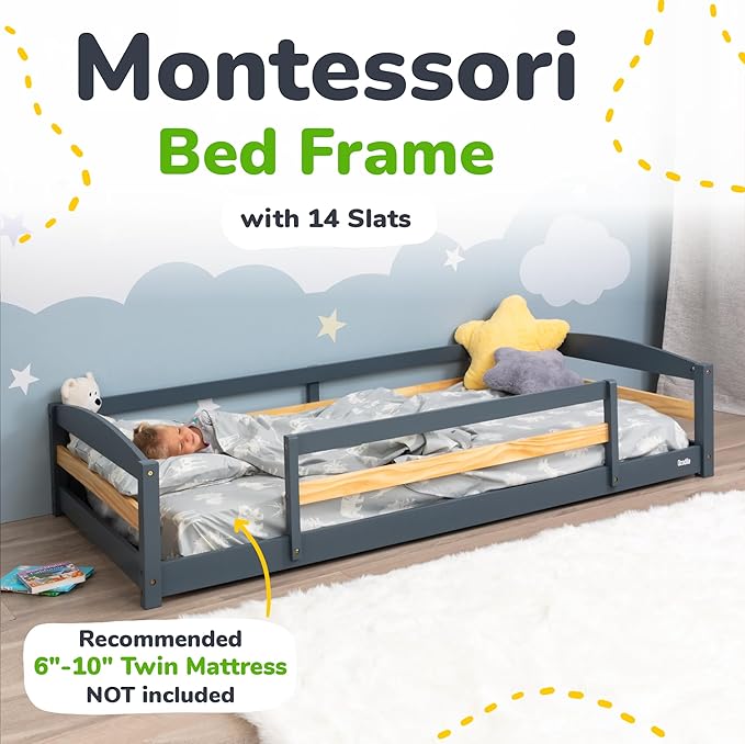 Ocodile Twin Floor Bed with Safety Guardrails for Kids, Montessori Inspired with Rails and 2 Openings, Twin Size Bed Frame for Girls and Boys - Gray
