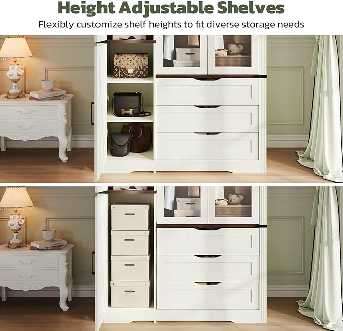 Concho 73'' Tall Farmhouse Armoire Wardrobe Closet with LED Light, Wood Wardrobe Closet Collection with 4 Doors 3 Drawers, Clothing Storage Cabinet with 4 Adjustable Shelves, Antique White
