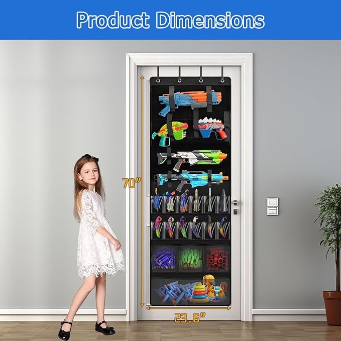 Over the Door Organizer for Toy Guns, Hanging Toys Storage with Clear Pockets and Slots for Kid Toy Guns, Claw Knife and Darts, Over the Door Storage for Kids Room and Game Room, Black