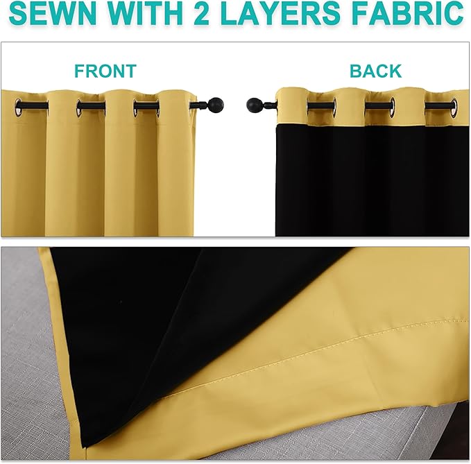 NICETOWN 100% Blackout Curtains with Black Liners, Thermal Insulated Full Blackout 2-Layer Lined Drapes, Energy Efficiency Window Drapes for Bedroom (Bright Yellow, 2 Panels, 70-inch W by 63-inch L)