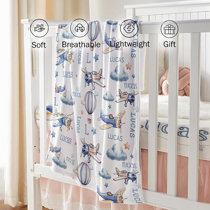 Custom Baby Crib Bedding Set - Toy Airplane Design Personalized Name Baby Nursery Bedding 3 Pcs Set - Chic Soft Blanket, Fitted Sheet, Room Rug for Newborns Boys Girls Gifts