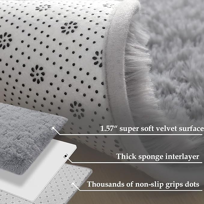 Merelax Soft Modern Indoor Shaggy Area Rug for Bedroom Livingroom Dorm Kids Room Home Decorative, Non-Slip Plush Fluffy Furry Fur Rugs Comfy Nursery Accent Floor Carpet 2x3 Feet, Grey