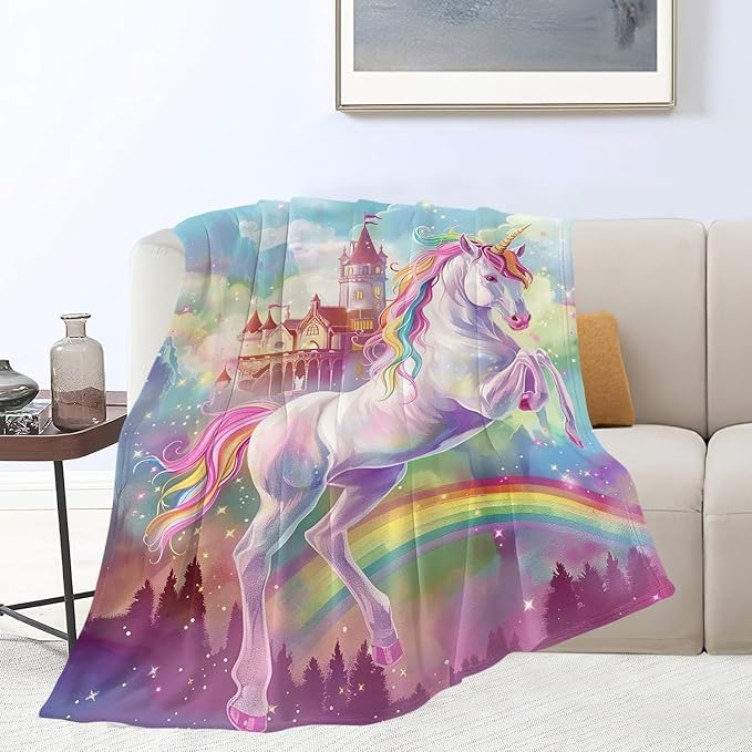 Unicorn Blanket Castle Rainbow Throw Blanket Pink Flannel Stuff Merch Cozy Decor Fleece Soft Plush Fuzzy Warm Lightweight Bedding Unicorn Lover Gifts for Kids Women Girl Boy Couch 80"X60"