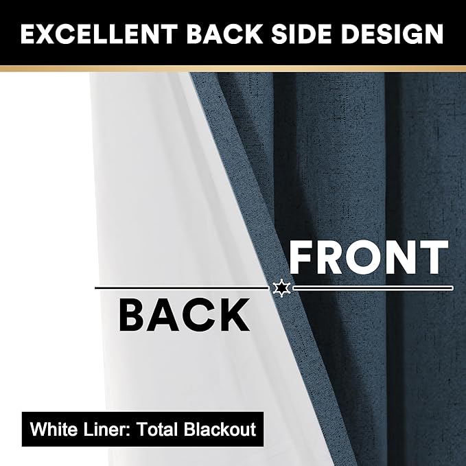 PrinceDeco Primitive Textured Linen 100% Blackout Curtains for Bedroom/Living Room Energy Saving Window Treatment Curtain Drapes, Burlap Fabric with White Thermal Insulated Liner Navy 52x84 Inch