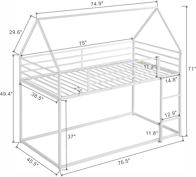 MERITLINE Metal Bunk Bed Twin Over Twin Size House Shaped Bunk Bed Frame Low Bunk Beds for Kids and Toddlers, Twin Size