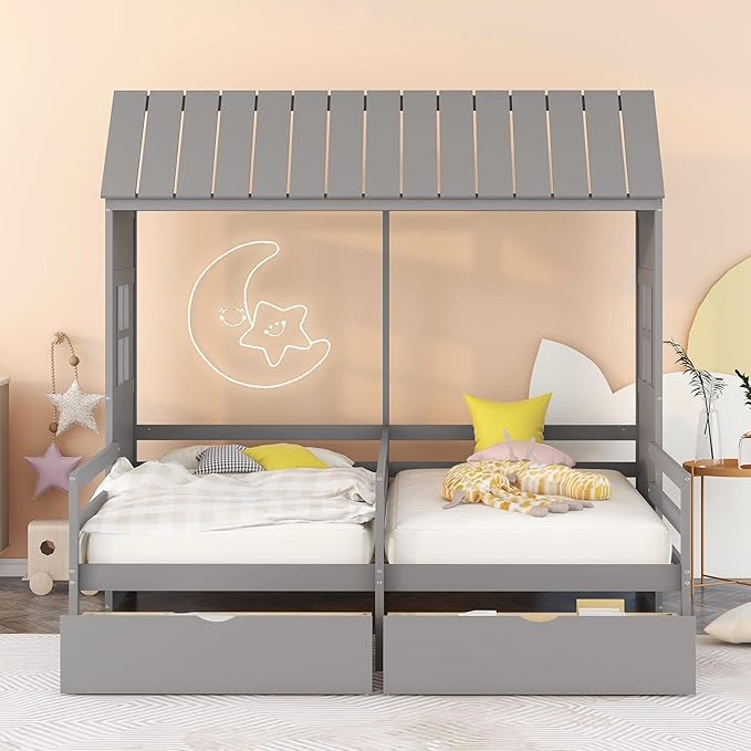P PURLOVE Double Shared Bed,Twin Size House Platform Beds with Two Drawers for Boy and Girl Shared Beds, House Bed Frame Combination of 2 Side by Side Twin Size Beds,Gray