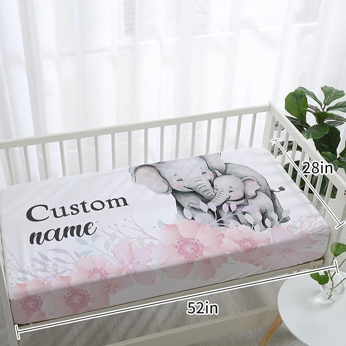 Custom Baby Crib Bedding Set - Pink Elephant Design Personalized Name Baby Nursery Bedding 3 Pcs Set - Chic Soft Blanket, Fitted Sheet, Room Rug for Newborns Boys Girls Gifts