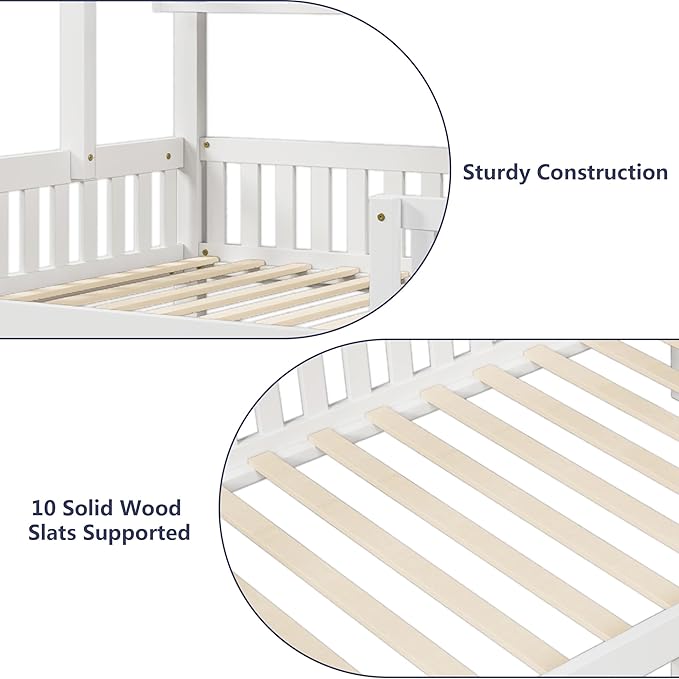 Aoowow Full Size House Bed with Storage Drawers and Shelf, Kids Twin Bed Frame Wooden Platform Bed with Guardrails and Slats for Boys Girls Teens for Bedroom(White)