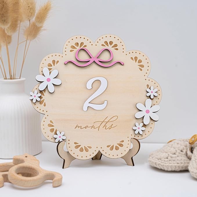 Baby Monthly Milestone Photo Sign, Wooden Floral Design with Pink Bows, Baby Girl Growth Tracker, 1-12 Months (Natural Wood and White with Pink Accents)